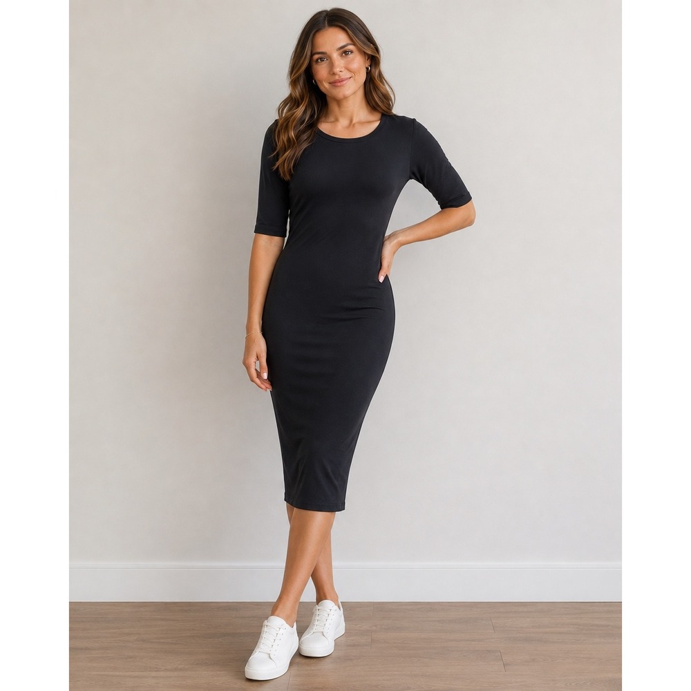 LuLaRoe Julia solid Black Short Sleeve Bodycon Sheath Midi Dress Size Small LBD